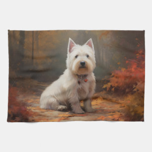 West Highland White Terrier in Autumn Leaves Fall Kitchen Towel