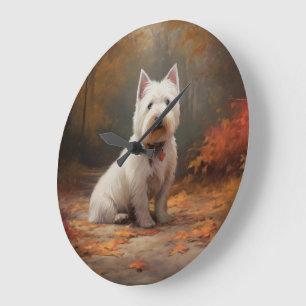 West Highland White Terrier in Autumn Leaves Fall Large Clock