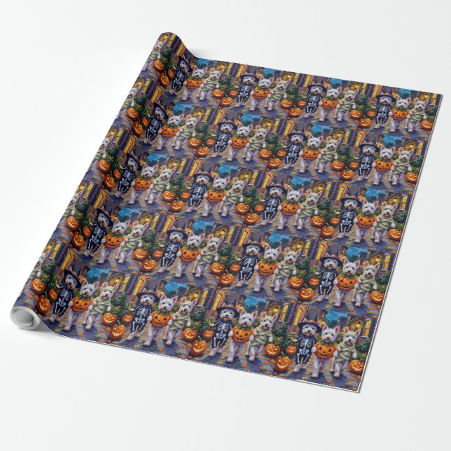 West Highland White Terrier In Halloween Costumes Wrapping Paper (Unrolled)