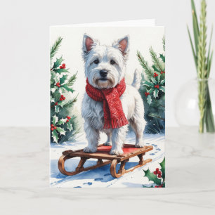 West Highland White Terrier on Sled Watercolor Art Card