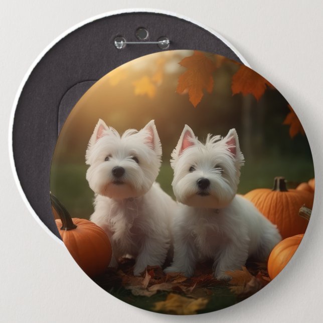 West Highland White Terrier Puppy Autumn Pumpkin 6 Inch Round Button (Front & Back)