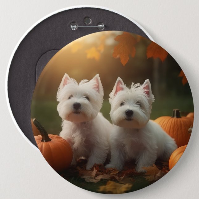 West Highland White Terrier Puppy Autumn Pumpkin 6 Inch Round Button (Front & Back)
