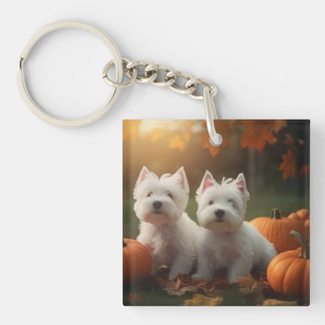 West Highland White Terrier Puppy Autumn Pumpkin Keychain (Front)