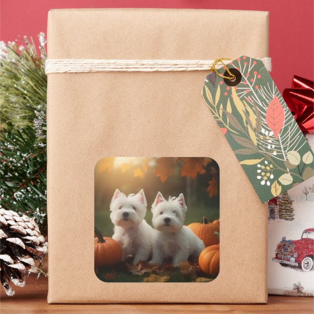West Highland White Terrier Puppy Autumn Pumpkin Square Sticker (Holiday)
