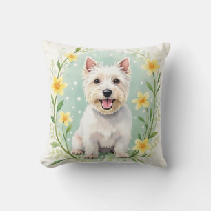 West Highland White Terrier Watercolor Floral Dot Throw Pillow