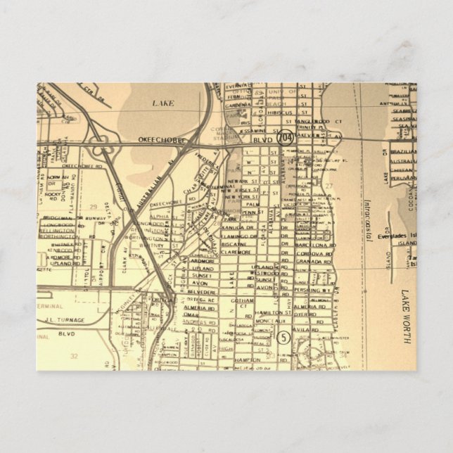 West Palm Beach, FL Vintage Map Postcard (Front)
