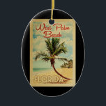 West Palm Beach Palm Tree Vintage Travel<br><div class="desc">A uniquely retro mid-century modern West Palm Beach Florida art print in vintage travel poster style. It features a curved palm tree on sandy beach with ocean under a blue cloudy sky.</div>