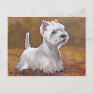 West Playing in Leaves Dog Art Postcard
