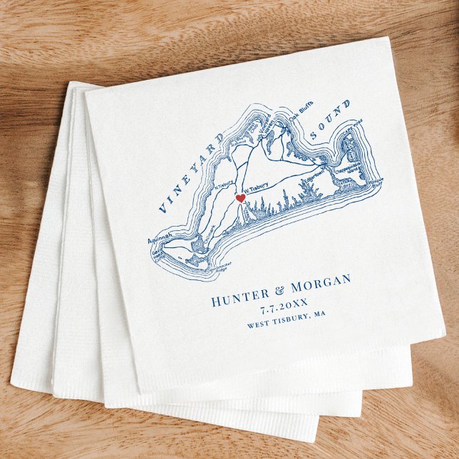 West Tisbury Map Elegant Navy Blue Wedding Napkin (West Tisbury Martha's Vineyard Map Wedding Napkin in Elegant Navy Blue by Coastal Map Designs)