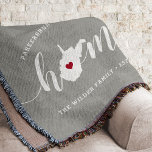 West Virginia Home State Personalized Throw Blanket<br><div class="desc">Show some home state pride with this cute rustic grey throw blanket featuring "home" in white calligraphy script lettering with a silhouette map of the state of West Virginia standing in for the letter "O." A red heart illustration inside the state map completes the design; you can change the position...</div>