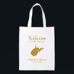 West Virginia Map Wedding Welcome Bag, Gold Tote B<br><div class="desc">Wedding weekend welcome gift bag for out of town guests to your wedding,  featuring image of West Virginia,  with heart you may place at the precise location. Fill tote with your favourite goodies.</div>