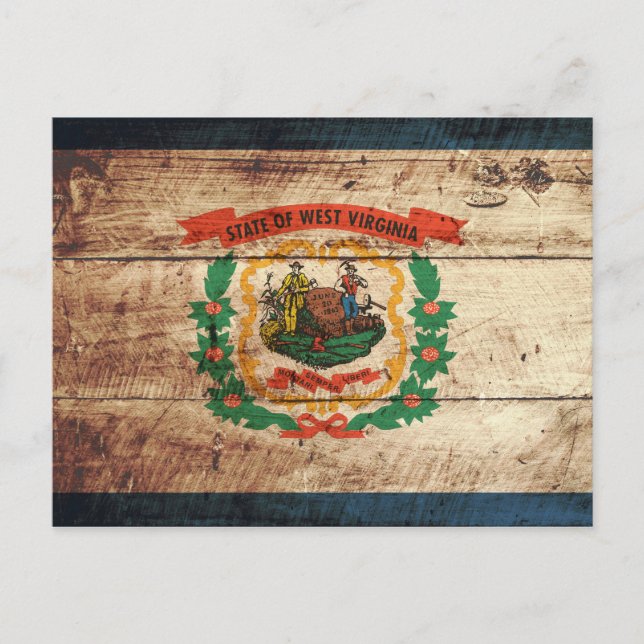 West Virginia State Flag on Old Wood Grain Postcard (Front)