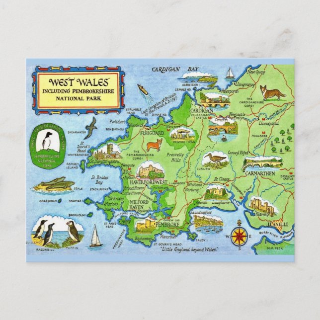 West Wales Vintage Map Postcard (Front)