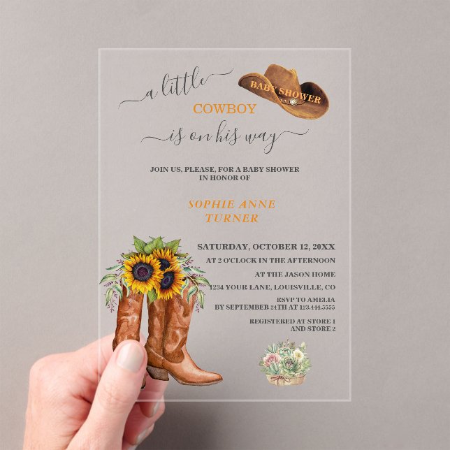 Western A Little Cowboy Boots Boy Baby Shower  Acrylic Invitations (Insitu (Handheld))