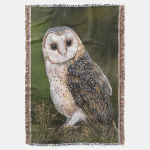Western Barn Owl - Migned Watercolor Painting Art  Throw Blanket