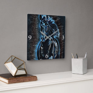 Western Beauty Wild Mustang Blue Tones Square Wall Clock