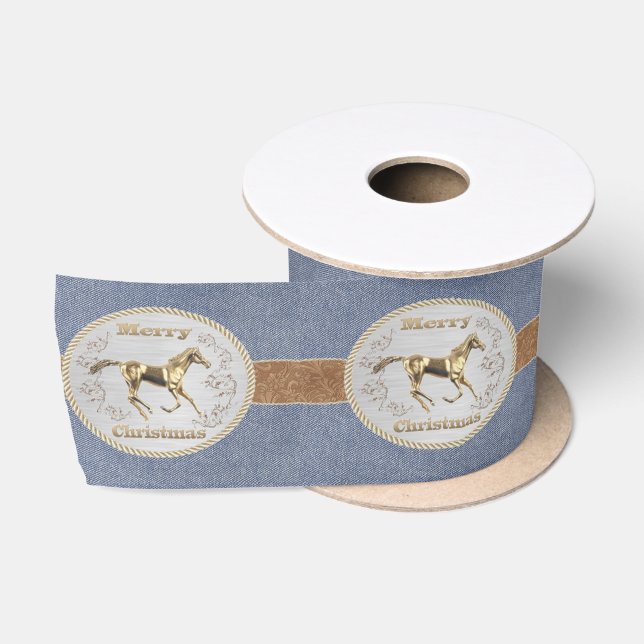 Western Belt And Belt Buckle On Denim Print Satin Ribbon (Spool)