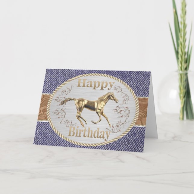 Western Belt And Buckle On Denim Happy Birthday Card (Front)