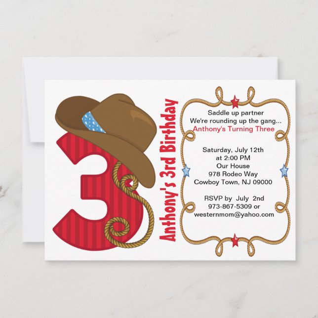 Western Big Three Boy Birthday Invitation (Front)