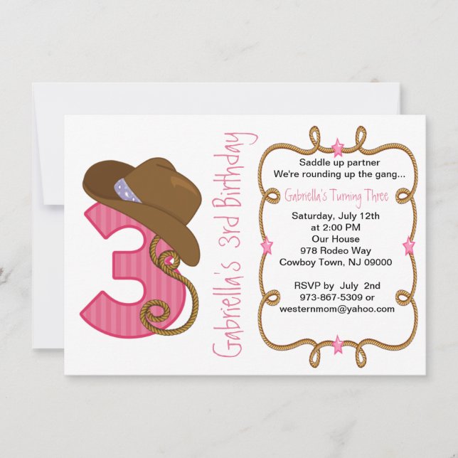 Western Big Three Girl Birthday Invitation (Front)