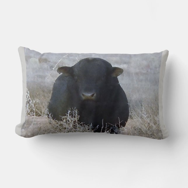 Western Black Bull in Winter Scene Lumbar Pillow (Front)