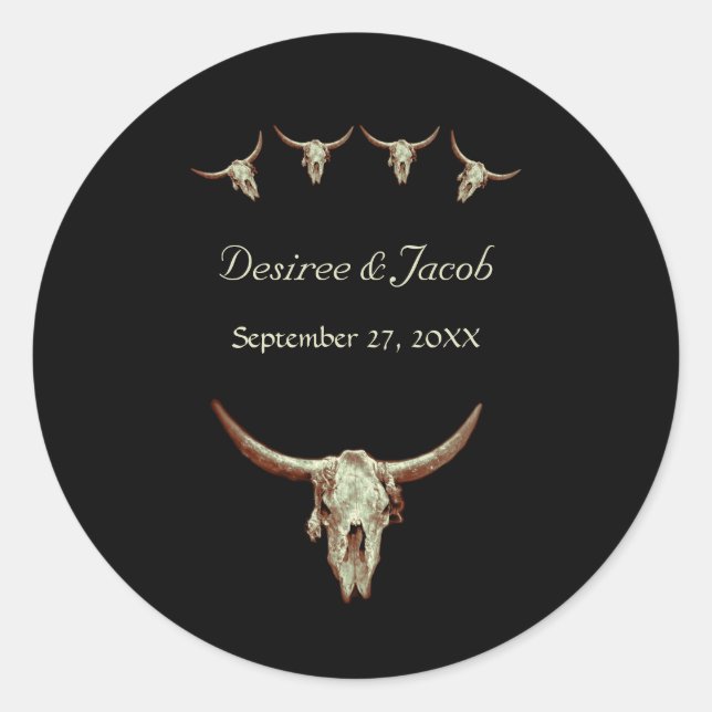 Western Black Rustic Wedding Cow Bull Skull Classic Round Sticker (Front)