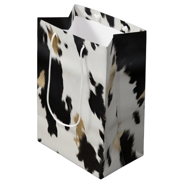 Western Black White Gold Cowhide Birthday Medium Gift Bag (Front Angled)