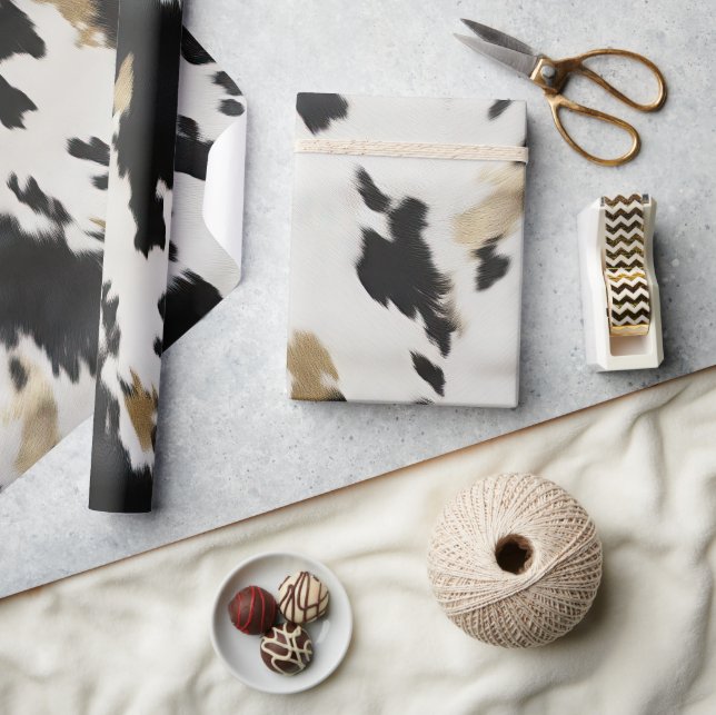 Western Black White Gold Cowhide Birthday Wrapping Paper (Crafts)