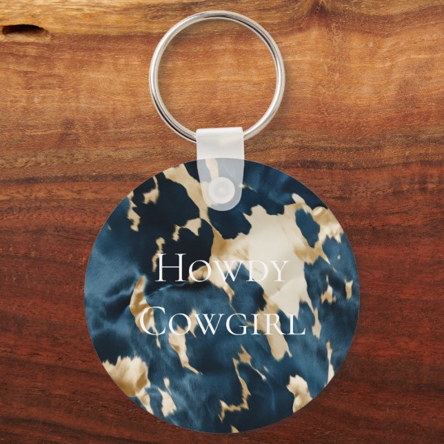 Western Blue Brown Gold Cowhide Keychain (Front)