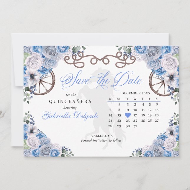 Western Blue Charro Quinceañera Save The Date Invitation (Front)