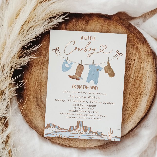 Western Blue Clothesline Little Cowboy Baby Shower Invitation (Cowboy Baby Shower Invitations, A little Cowboy Is On The Way Baby Shower Invitation Template)