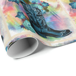 Western Blue Cowboy Boot With Roses On Water Wrapping Paper