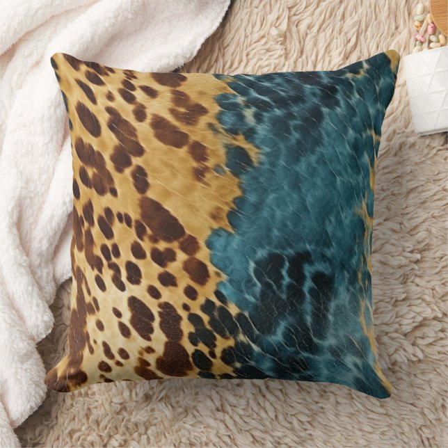 Western Blue Gold Cowhide Throw Pillow (Blanket)