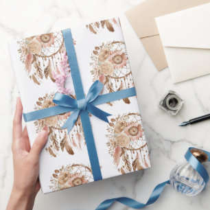 Western Blue Pink Floral Dream Catcher  Birthday Wrapping Paper