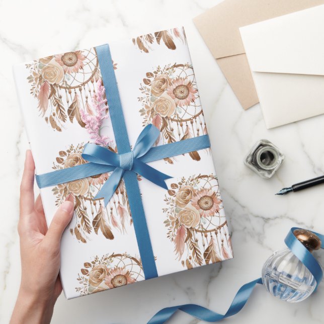 Western Blue Pink Floral Dream Catcher  Birthday Wrapping Paper (Gifting)