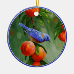 Western Bluebird and Ripe Peaches Ceramic Ornament