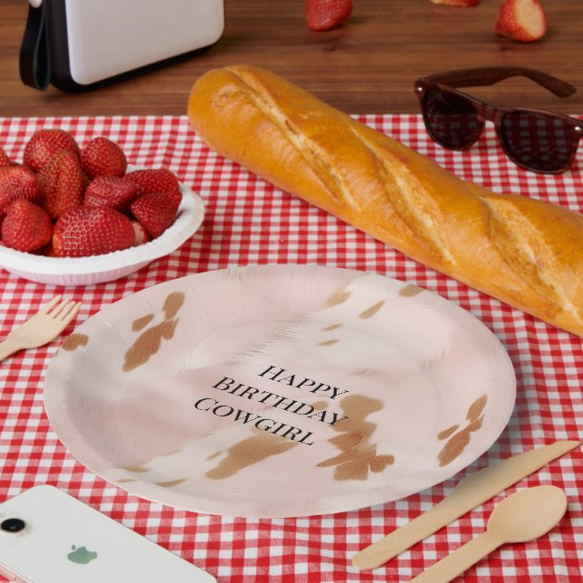 Western Blush Pink Cream Faux Cowhide Birthday   Paper Plate (Picnic)