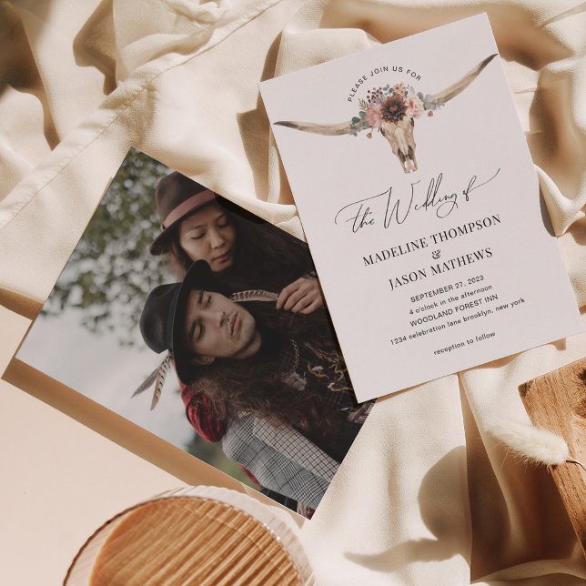 Western Bohemian Floral Cow Skull Photo Wedding Invitation (Creator Uploaded)