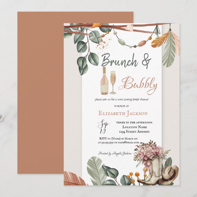 Western Boho Brunch & Bubbly Bridal Shower  Invitation (Front/Back)