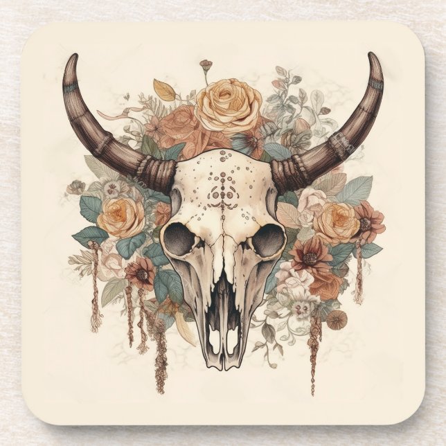 Western Boho Bull Skull Floral Coaster (Front)