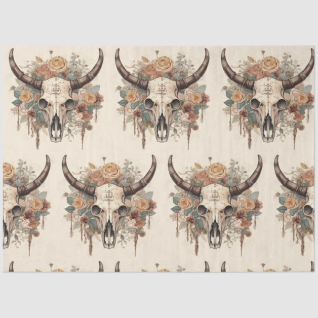 Western Boho Bull Skull Floral Decoupage Tissue Paper (Front)