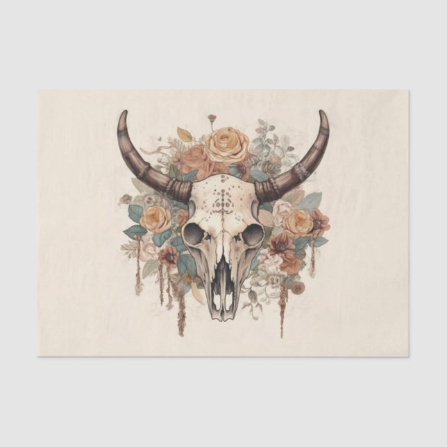 Western Boho Bull Skull Floral Decoupage Tissue Paper (Front)