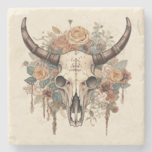 Western Boho Bull Skull Floral Stone Coaster