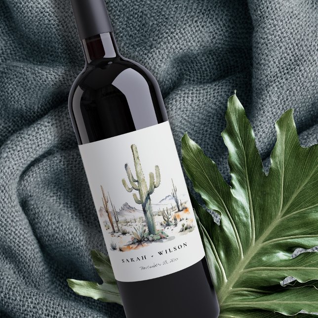 Western Boho Cactus Desert Landscape Wedding Wine Label (Creator Uploaded)