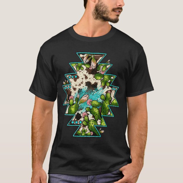 Western Boho Country Cowhide Turquoise Cactus T-Shirt (Front)
