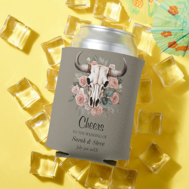 Western Boho Cow Floral Skull Sage Wedding Can Cooler (In Situ Summer)