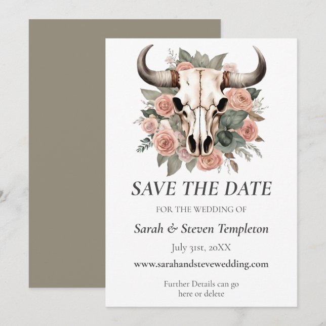Western Boho Cow Floral Skull Sage Wedding  Save The Date (Front/Back)