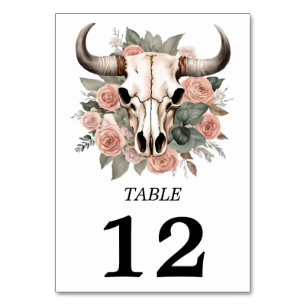 Western Boho Cow Floral Skull Sage Wedding  Table Number