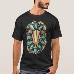 Western Boho Cowgirl Turquosie Bull Skull T-Shirt