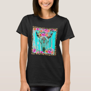 Western Boho Flowers Turquoise Cow Bull Skull Rode T-Shirt